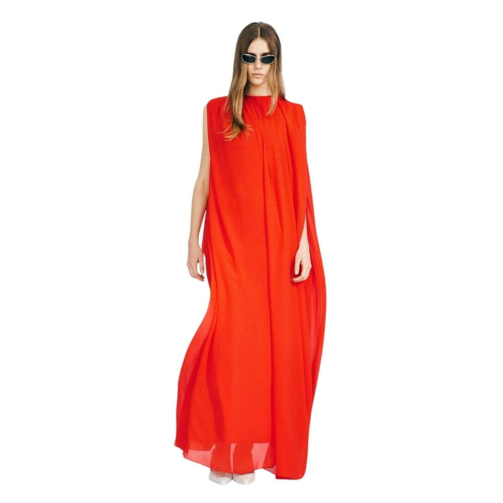 H&M STUDIO S/S 2025 Draped Chiffon Cape Column Maxi Dress Size L Red Statement